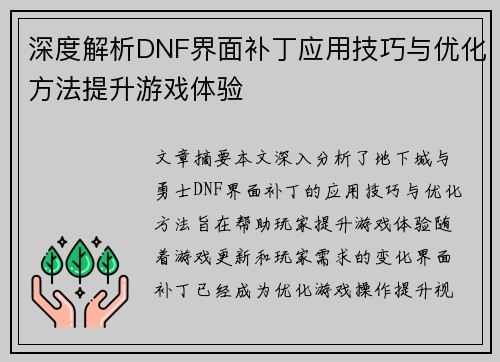 深度解析DNF界面补丁应用技巧与优化方法提升游戏体验